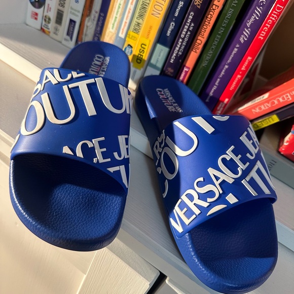 Logo Sliders Blue | VERSACE UK Versace Jeans Collection Royal Blue Logo Slide Sandals